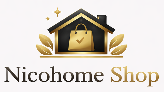 Logo Nicohome Shop z domem, torbą i liśćmi